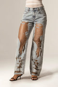 Jean Tula à jambes larges avec empiècements transparents (délavage antique)
