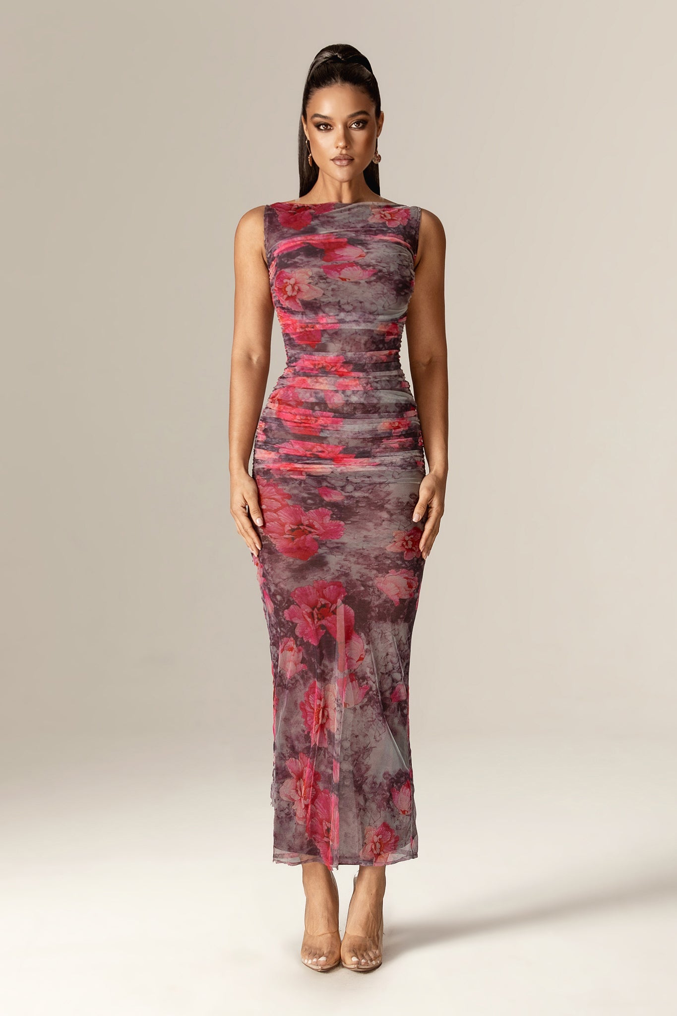 Robe longue froncée en tulle Ingrid (imprimé floral hibiscus)