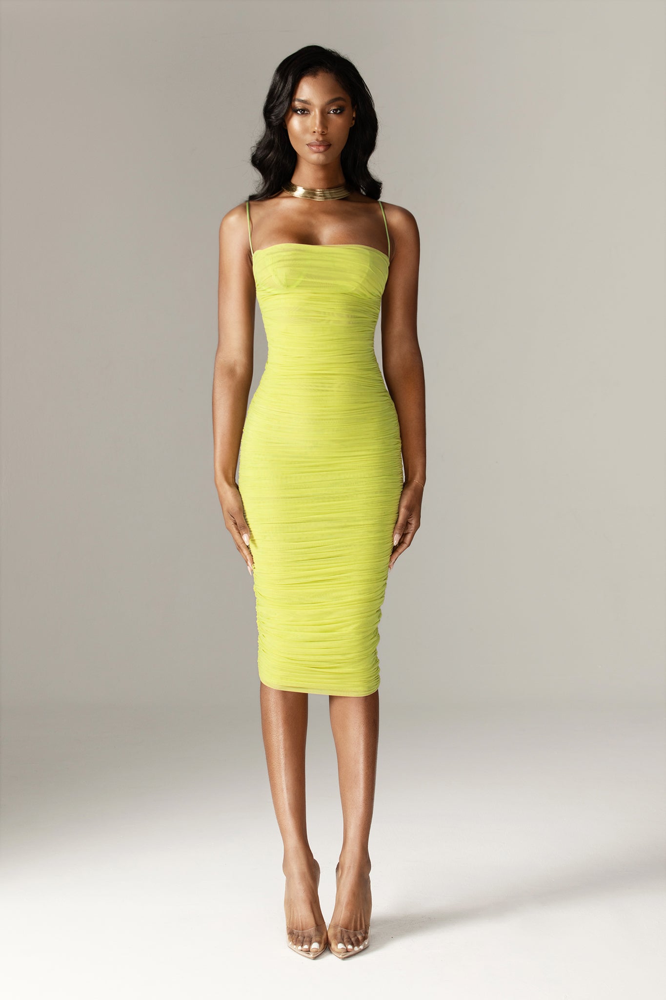 Robe midi froncée en tulle organza Justina (vert citron)