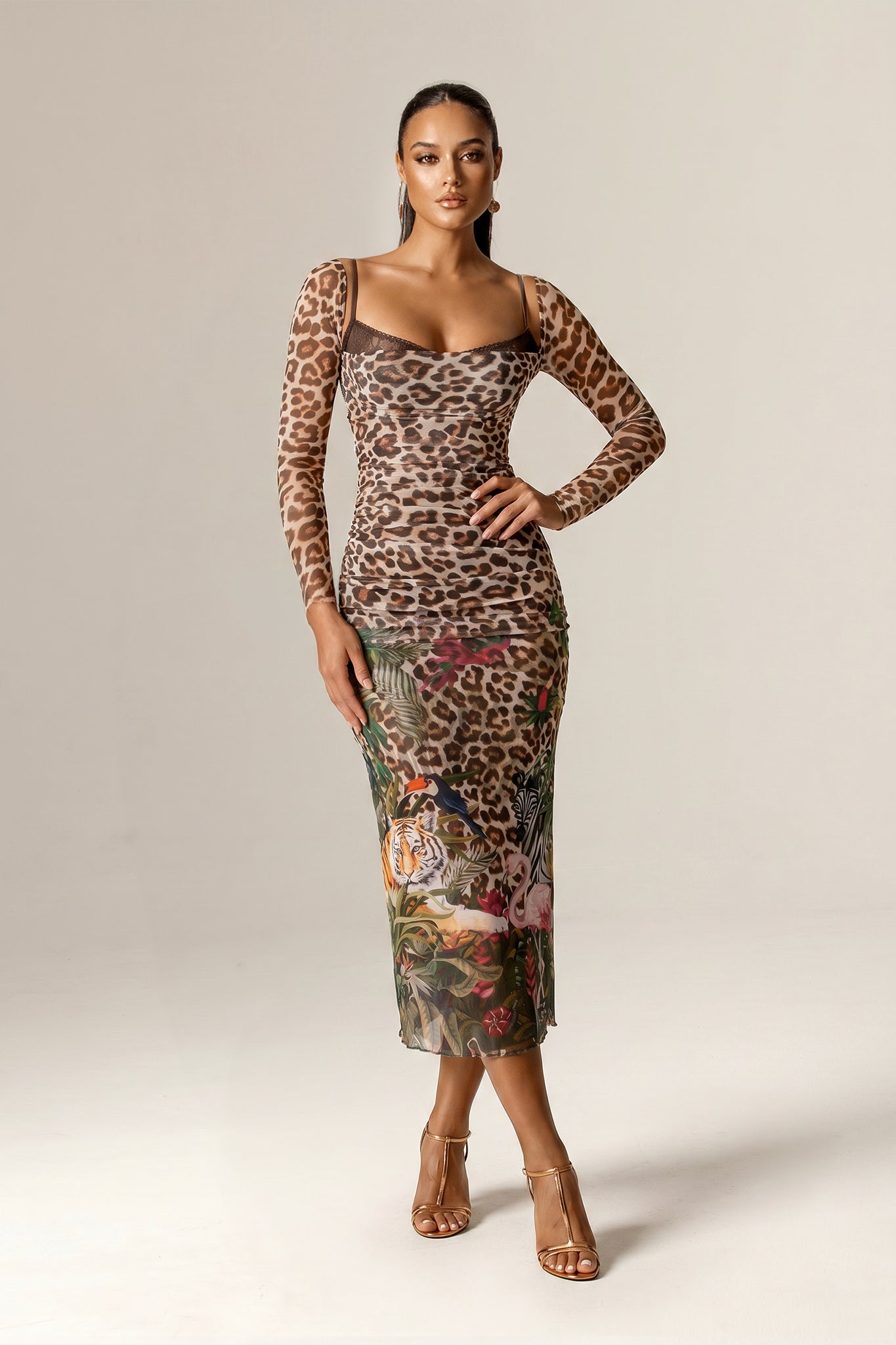 Robe longue froncée en tulle Claire (imprimé léopard sauvage)