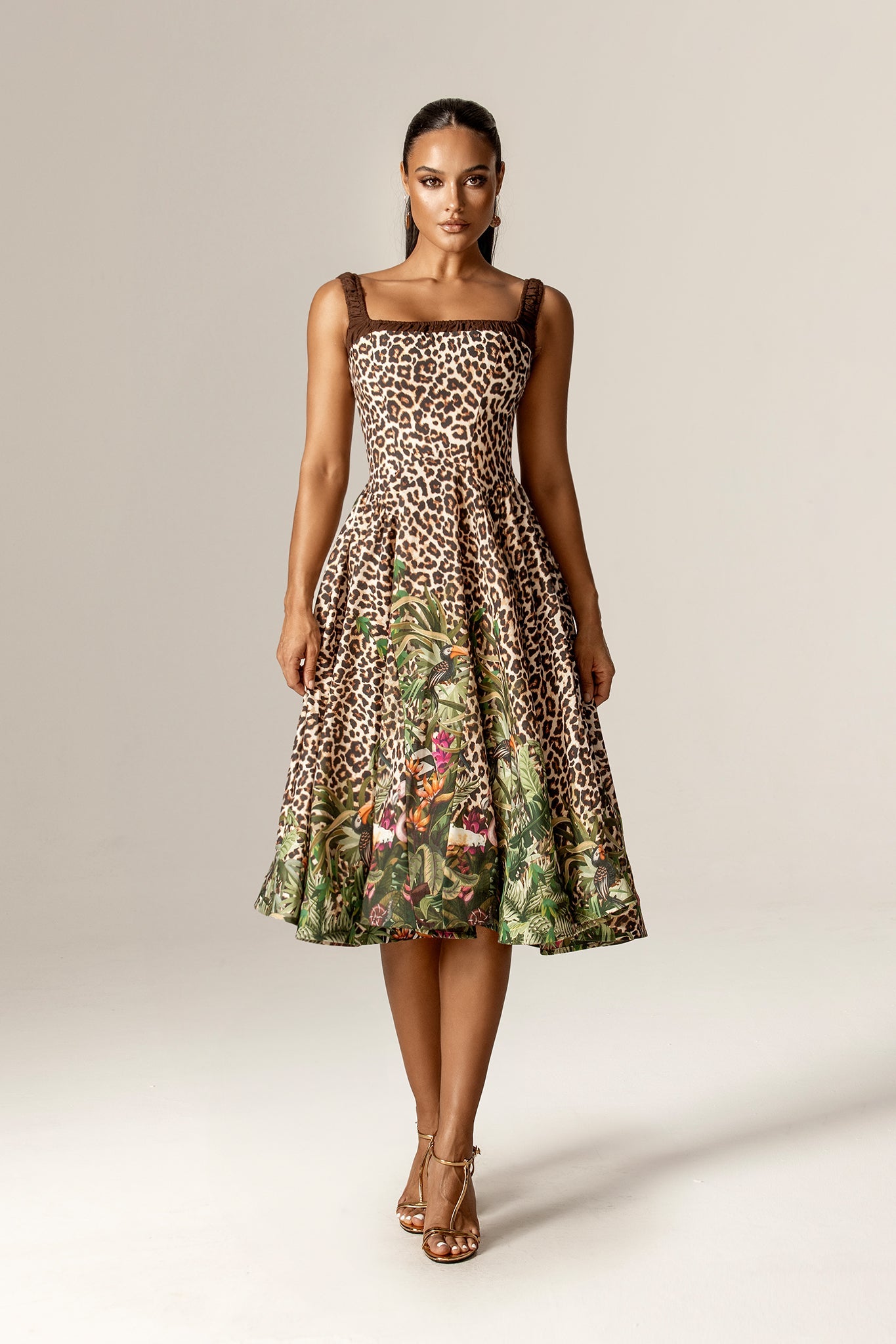 Robe midi fluide en coton-lin Rouldine (imprimé léopard sauvage)