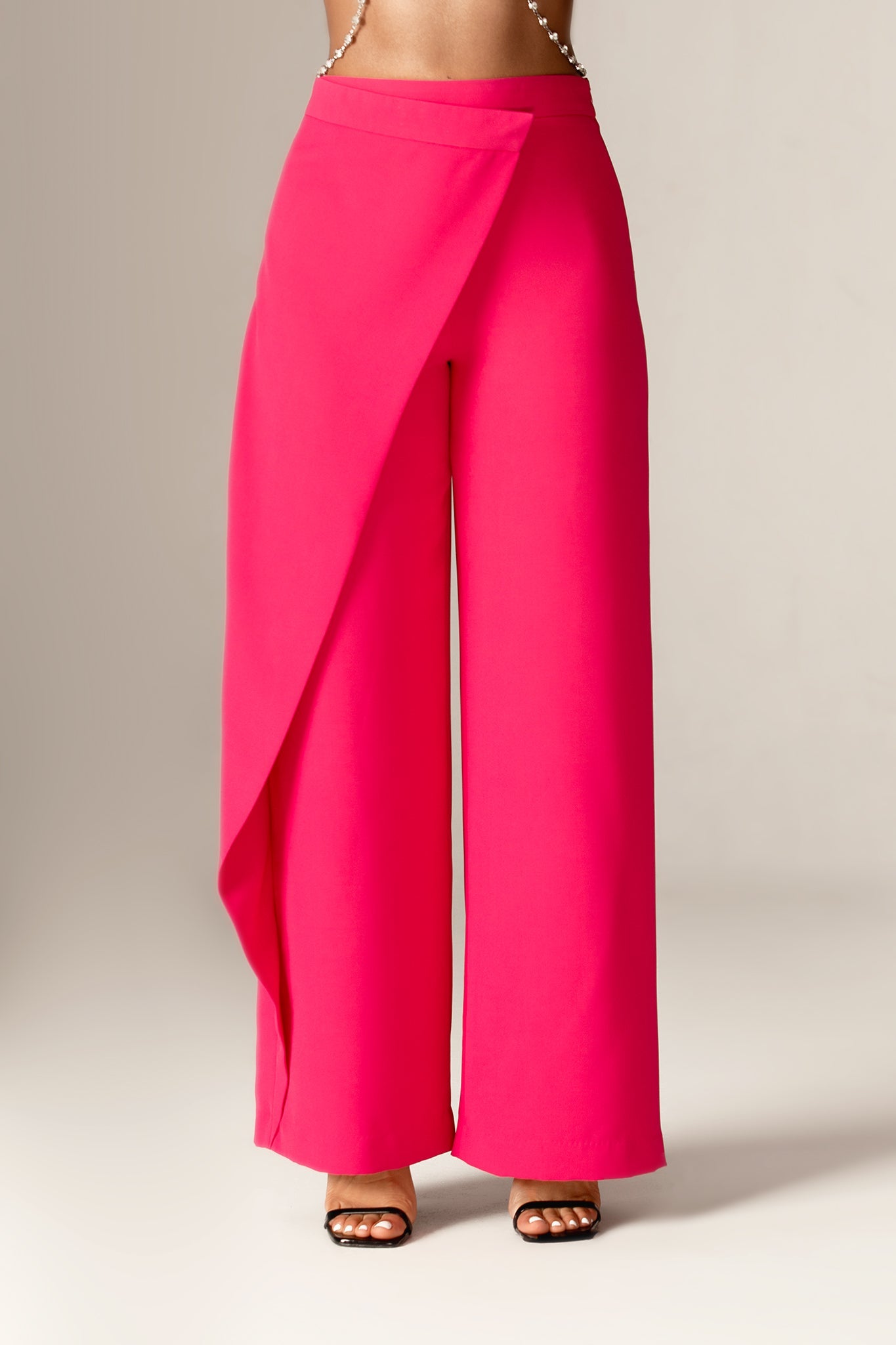 Pantalon Mila drapé taille haute à jambes larges (fuchsia)