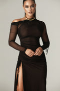 Robe longue en tulle organza froncé ajourée Dua (noir)
