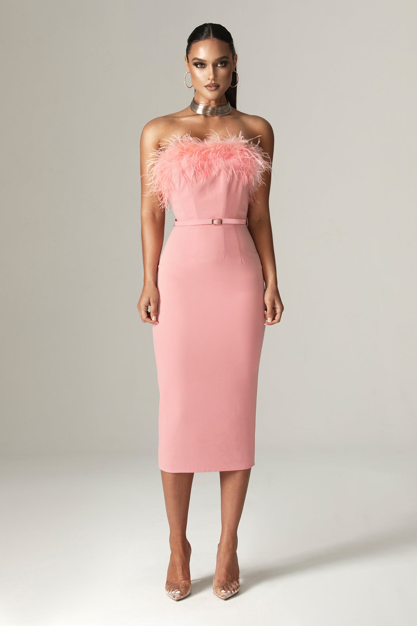 Robe midi corset bustier avec ceinture Carmen (rose poudré)